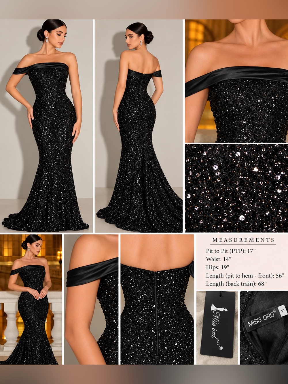 Miss Ord Black Sequin Off-Shoulder Mermaid Evening Gown Size S NWT